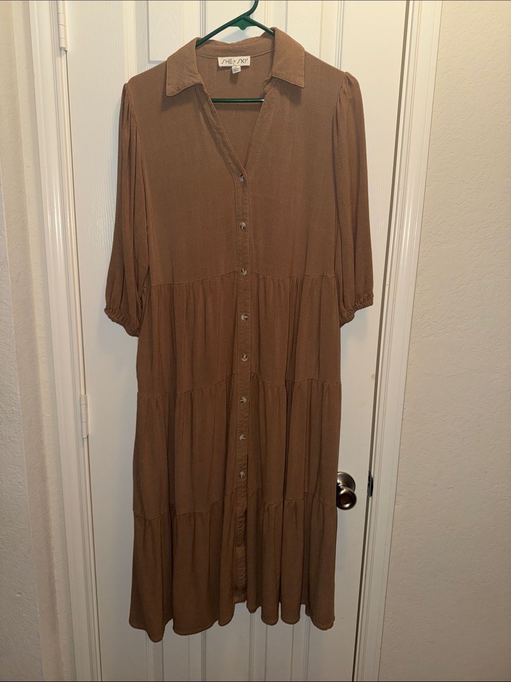 Tan Tiered Button-Down Midi Dress